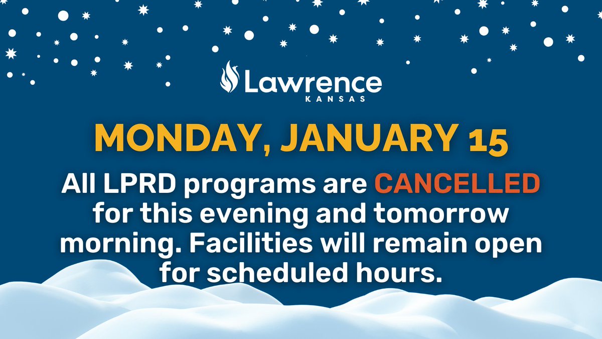 lprdks's tweet photo. All LPRD programs are cancelled for this evening (1/15) and tomorrow morning (1/16). Facilities will remain open with the scheduled hours. Stay safe and warm! https://t.co/96hDVnkj9U
