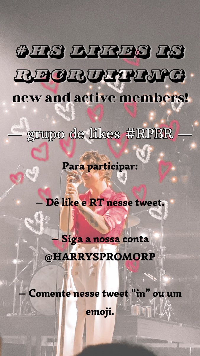 ⠀   :¨ ·.· ¨: ⠀ 
⠀⠀ `·.  𝐆𝒓͟𝒖𝒑𝒐  𝐝͟𝒆  𝐋𝒊͟𝒌͟𝒆𝒔   #𝐑𝐏𝐁𝐑

─┈ Se quiser participar:

✧ Curta e dê Rt para alcançar mais pessoas!

✧ Siga a nossa conta <a href="/HARRYSPROMORP/">𝓗͟𝐚𝐫𝐫𝐲 𝓛͟𝐢𝐤𝐞𝐬 ❜ — GRUPO NO FIX</a>

✧ Comente neste Tweet! ( “in” ou emoji )
⠀⠀⠀⠀⠀ 
⠀⠀⠀⠀⠀