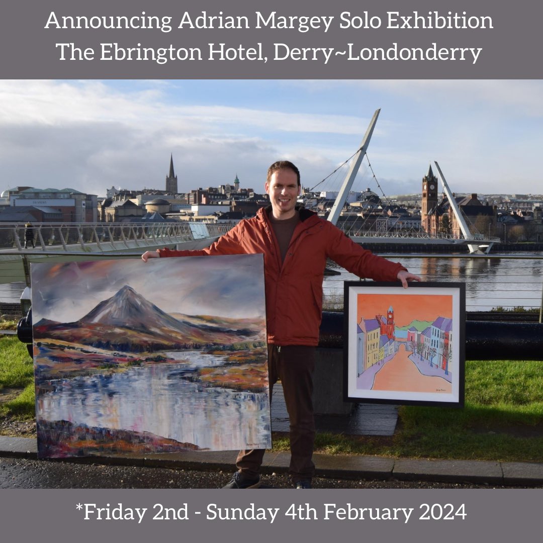 Thrilled to announce details of my upcoming Solo Exhibition at the stunning new @ebringtonhotel from Fri 2nd - Sun 4th Feb. Located in the new civic area of Ebrington Square, the hotel overlooks the River Foyle & is linked to the city centre by the Peace Bridge. #Derry #IrishArt