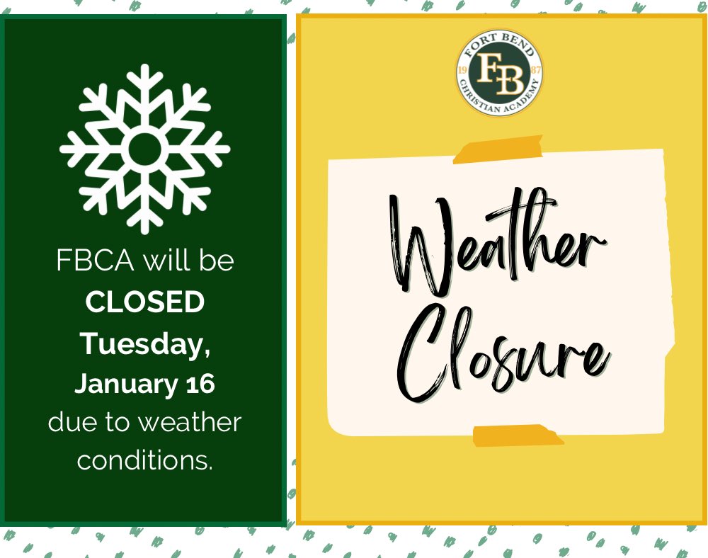 Due to inclement winter weather and icy road conditions, FBCA will be closed on Tuesday, January 16. All extracurricular activities and games are also canceled. Stay safe and warm, Eagles!