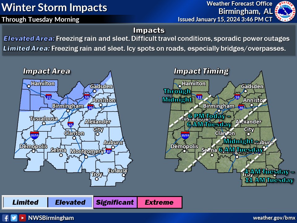 NWSBirmingham's tweet photo. Freezing rain and sleet will affect central Alabama tonight into Tuesday morning. We run the risk of icy patches on roadways and perhaps a few power outages. Stay off the roads or, if you must travel, take supplies in case you become stranded. #alwx https://t.co/9CwQW05Rop
