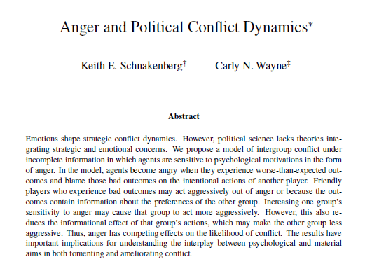 What happens when a formal modeler and a political psychologist walk into a room? …Very excited that my paper with @keithschnak, Anger and Political Conflict Dynamics, has been accepted at @apsrjournal! 1/7