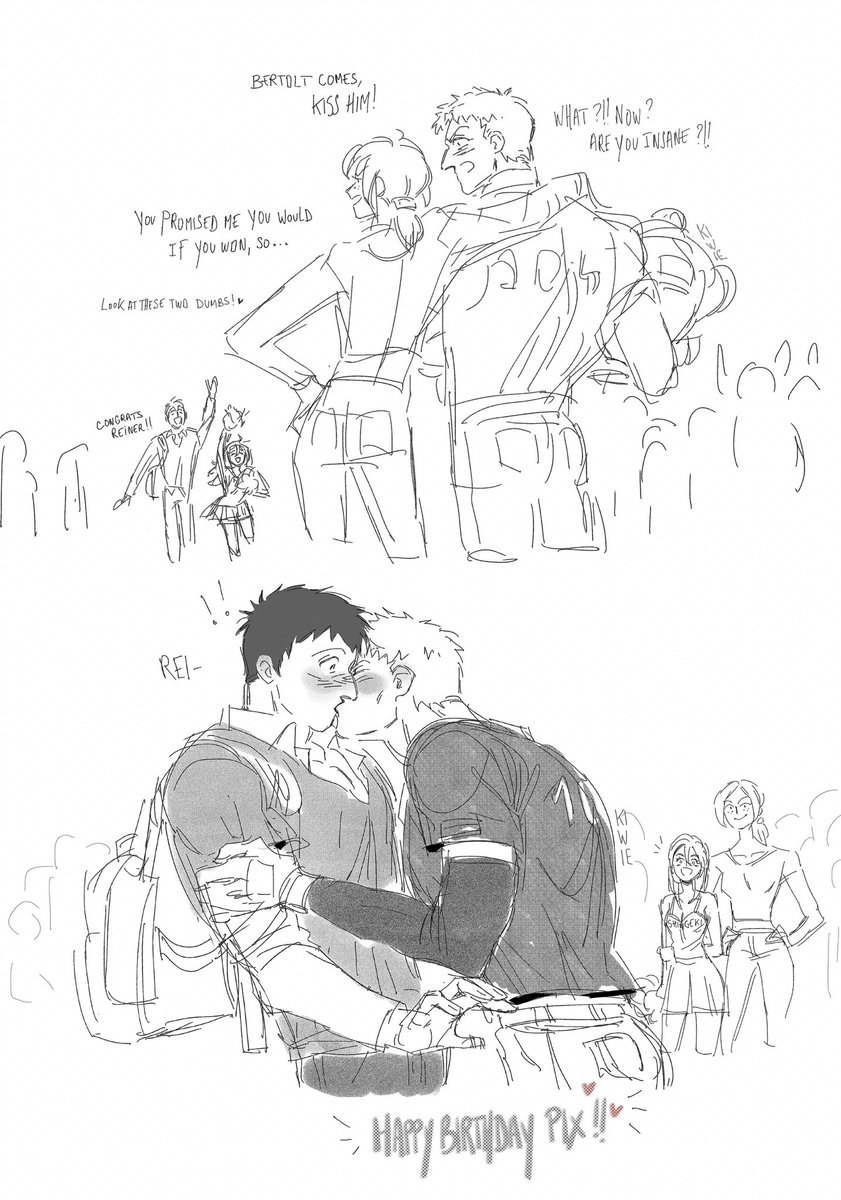 kiwie_marineP's tweet photo. Happy Birthday @Pixlezy !! 🎉🎂 I remember you like School Castes AU, so here is for you how Bert and Reiner finally started to date together thanks to Ymir  ! 🤭💕

…With a juicy extra content 🫣🔞
#reibert https://t.co/0obMVY34bR