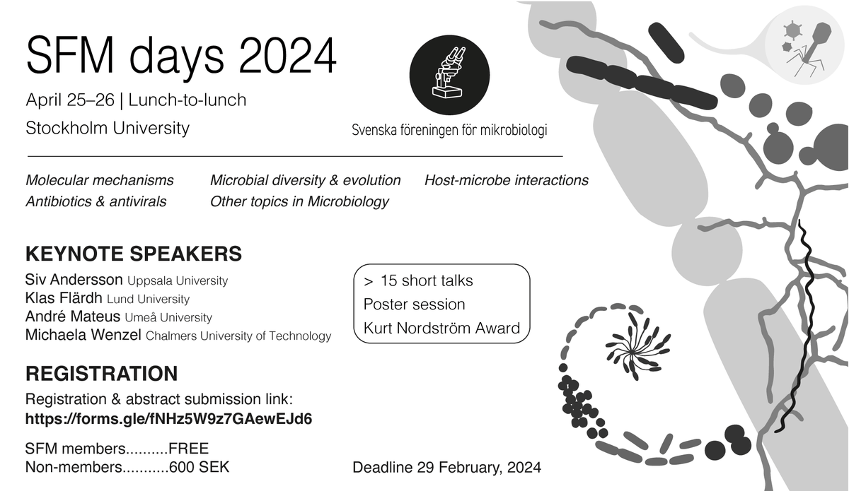 To all microbe lovers in Sweden 🇸🇪: Sign up for the upcoming SFM days 2024 on April 25-26 at <a href="/Stockholm_Uni/">Stockholm University</a>.
Registration link: forms.gle/fNHz5W9z7GAewE…
Deadline: 29/02/2024
Please spread the word!