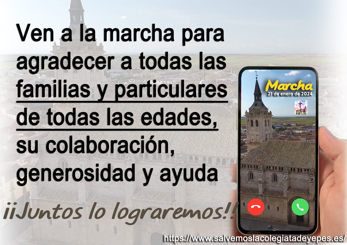 colegiatayepes's tweet photo. Nuestro objetivo de la marcha del día 21 en #Yepes es agradecer a todos los que nos han ayudado!! Muchas gracias a todos!!! 
Y muchas gracias a todas las familias y particulares de todas las edades por su colaboración y generosidad!!
El 21 yo voy! ¿Y tú? 
https://t.co/Aajx1I8vQK https://t.co/EfX06CMgaO