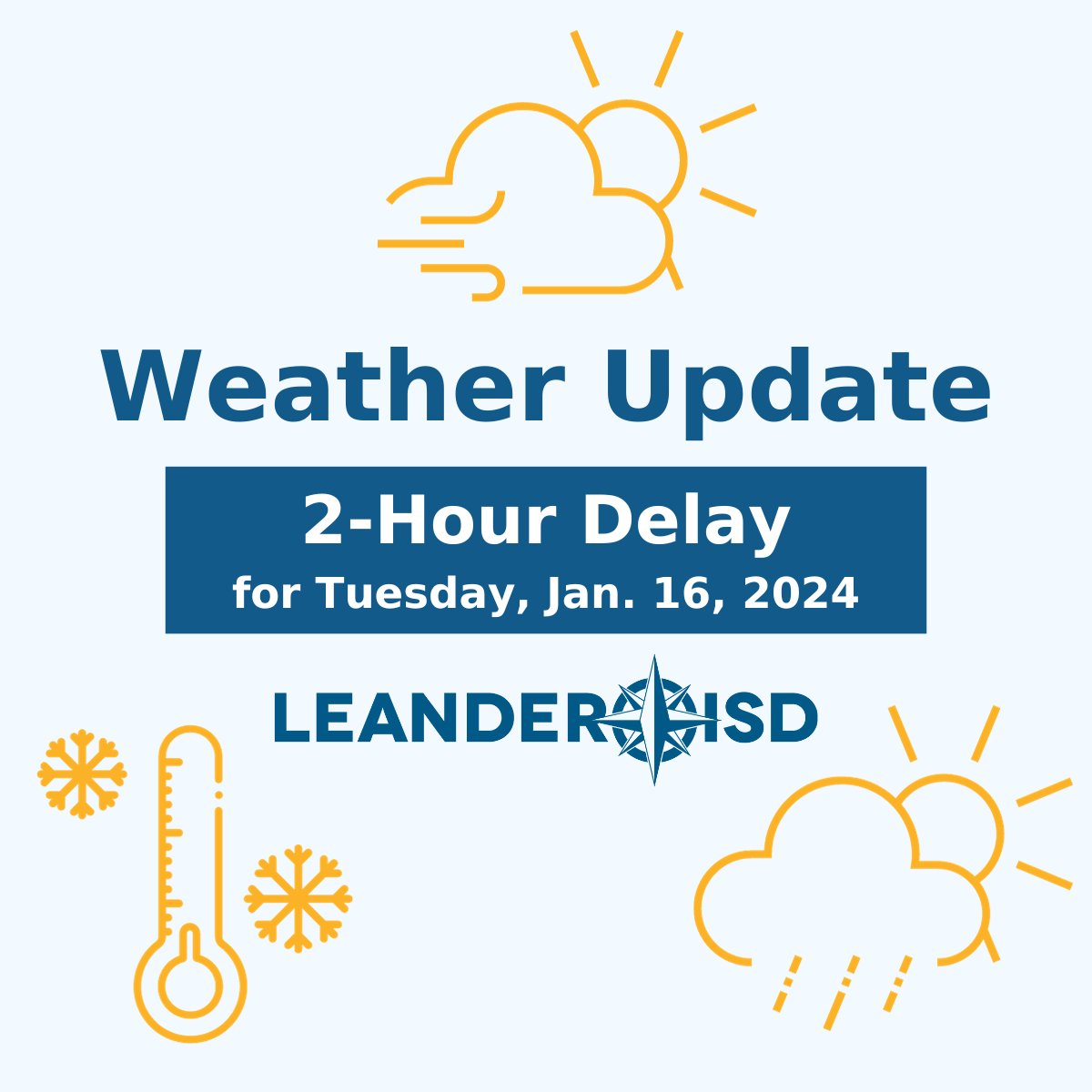 Due to wind-chill temperatures near 0 degrees and to allow time to ensure roads are clear, #1LISD schools will have a delayed start 1/16/24. 

Start times:
ES – 9:30
HS – 10:15
MS – 11:05
Morning PreK &amp; PSLP canceled

Buses will also run on a 2-hr delay.
bit.ly/47EsdSG