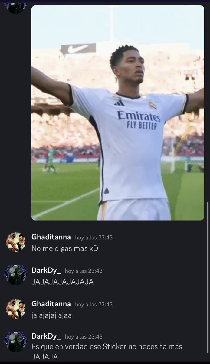 DarkDyyy's tweet photo. POV: Mandas un Sticker de Bellingham sin contexto alguno y ya sabe lo que pasó y como quedó la cosa @ghaditanna 😂😂😂 https://t.co/tf4kxyPSF8