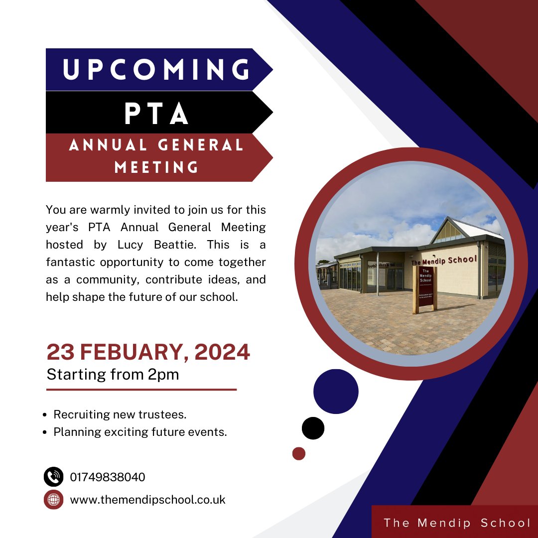 📣 PTA Annual General Meeting at The Mendip School!
 
🗓️ 23rd Feb, 2 PM. Join us to shape our future: 

🌟 New trustee recruitment 

🌟 Event planning 

Ends in time for school pick-up. 
 
See you there!

#PTAMeeting #MendipMagic #SchoolCommunity