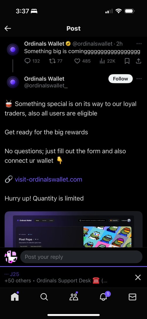 ordinalswallet's tweet photo. Don't fall for these scams!

New fake accounts pop up everyday, keep your head on a swivel! https://t.co/NYNnJNOD3j