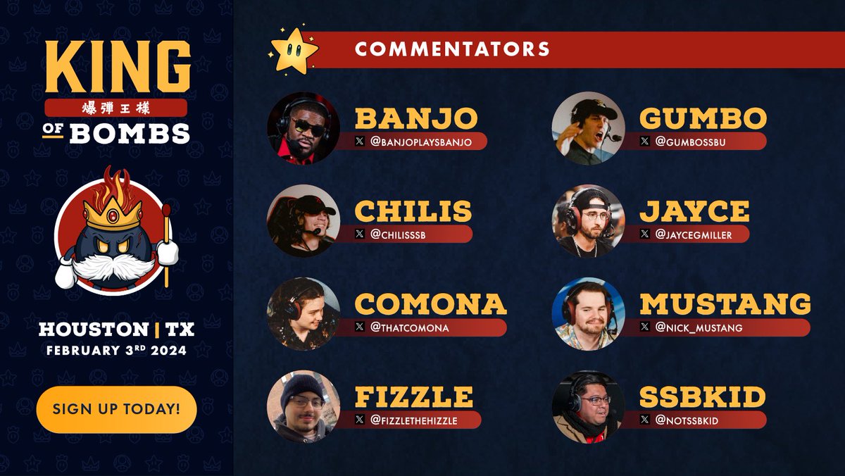 TurnipCafe's tweet photo. Show some love to our TEXAS STRONG commentary line-up! Sign up now for King of Bombs!

https://t.co/btaJCHakwL

@banjoplaysbanjo
@chilisSSB 
@ThatComona 
@FizzleTheHizzle 
@GumboSSBU 
@jaycegmiller 
@Nick_Mustang 
@notssbkid https://t.co/KckeMvwYbf