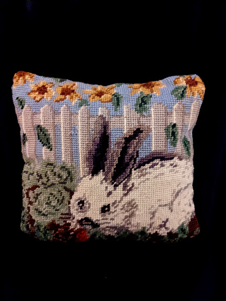 Vintage Needlepoint Bunny in the Garden Throw Pillow avintageaddress.com/shop/seasonal-…  #spring2024 #easter #bunny #rabbit #garden #needlepoint #throwpillow #vintage