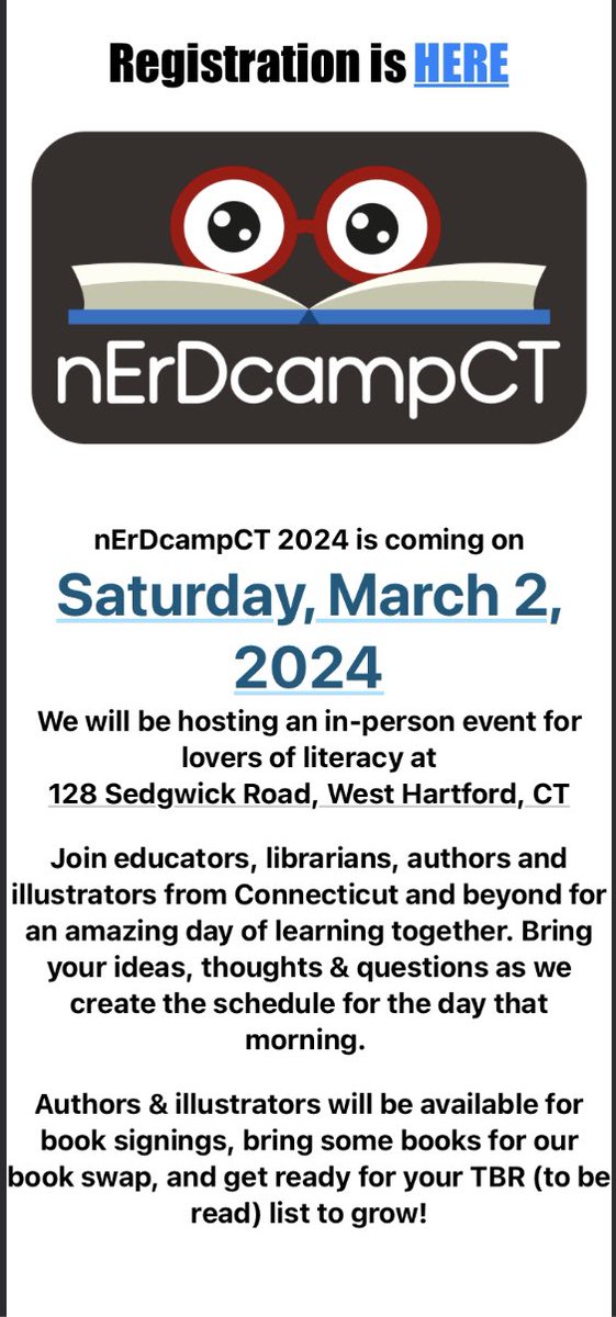 Registration has opened! Spots are limited! Visit nerdcampct.org @jluss @MsThomBookitis @technojohnson @valdilorenzo @smcneice @AGoodLibrarian