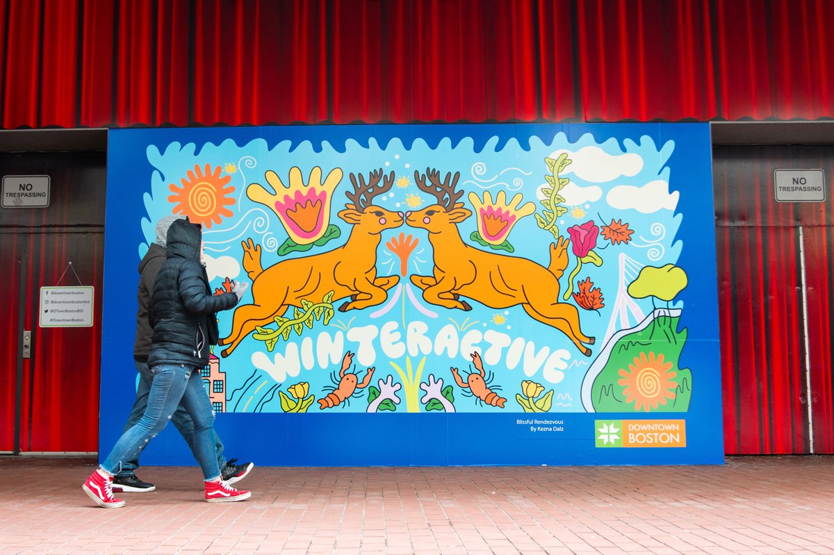 dtownboston's tweet image. Introducing "Blissful Rendezvous" by @KeznaDalz! This colorful mural outside of @Macys Boston on Summer Street was commissioned specifically for WINTERACTIVE 2024. (1/2)