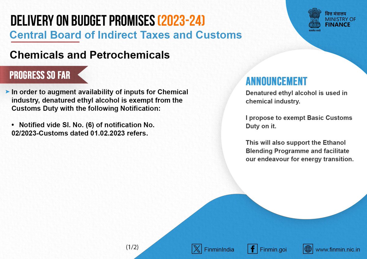 In order to reduce input costs and promote domestic manufacturing of chemicals, @cbic_India exempted denatured ethyl alcohol from Basic Customs Duty as part of #UnionBudget2023-24 announcement. (1/2)

#PromisesDelivered
