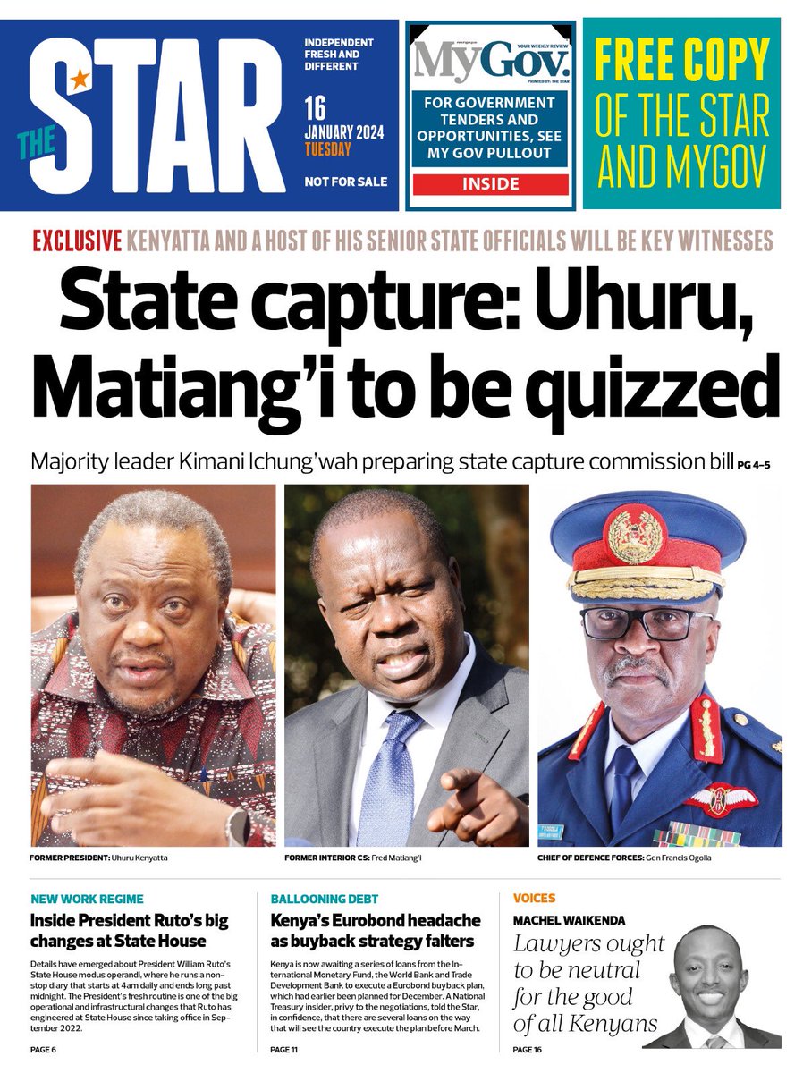 nyanducha's tweet photo. Today's newspaper headlines.

Tuesday, 17th January 2024.

#ePaper #Gazeti #Magazeti #Kenya #CiscoMeraki #UbibotTemperatureHumiditySensors #IoT #VictorockKenya #MillicentOmanga #Ichaweri #Zakayo #TreasurySingleAccount
#Agent47 https://t.co/RTB417RbeX