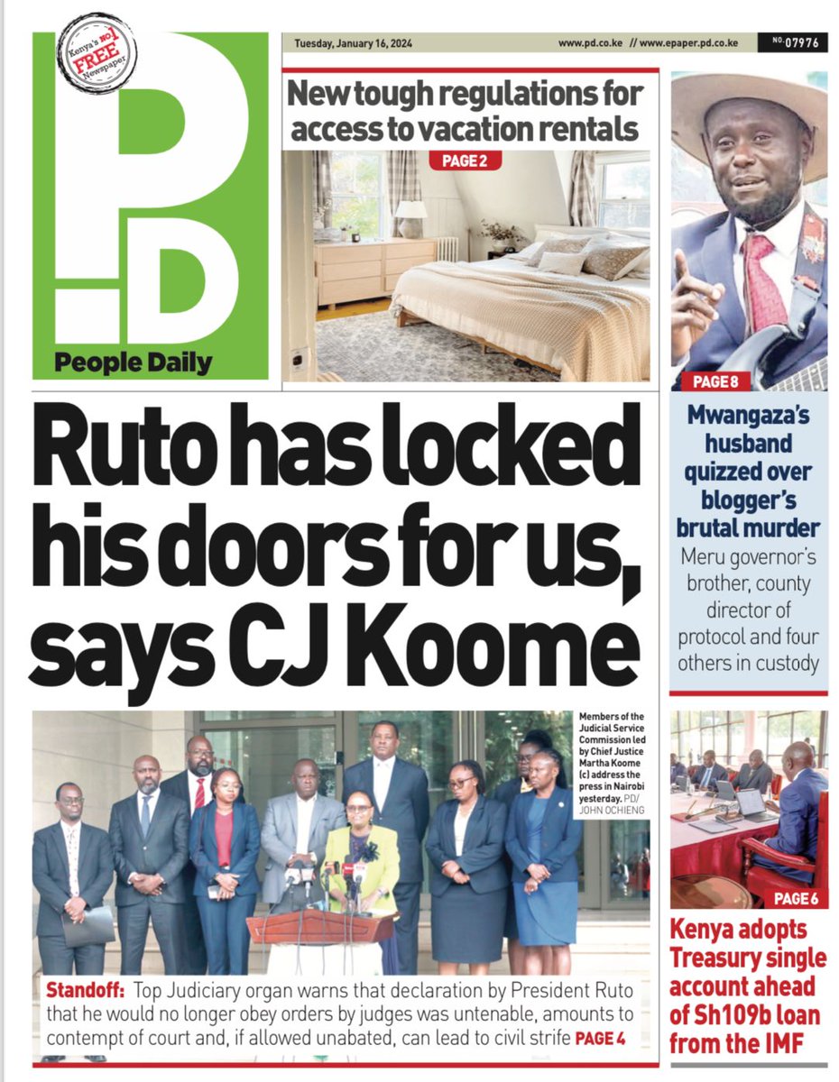 nyanducha's tweet photo. Today's newspaper headlines.

Tuesday, 17th January 2024.

#ePaper #Gazeti #Magazeti #Kenya #CiscoMeraki #UbibotTemperatureHumiditySensors #IoT #VictorockKenya #MillicentOmanga #Ichaweri #Zakayo #TreasurySingleAccount
#Agent47 https://t.co/RTB417RbeX
