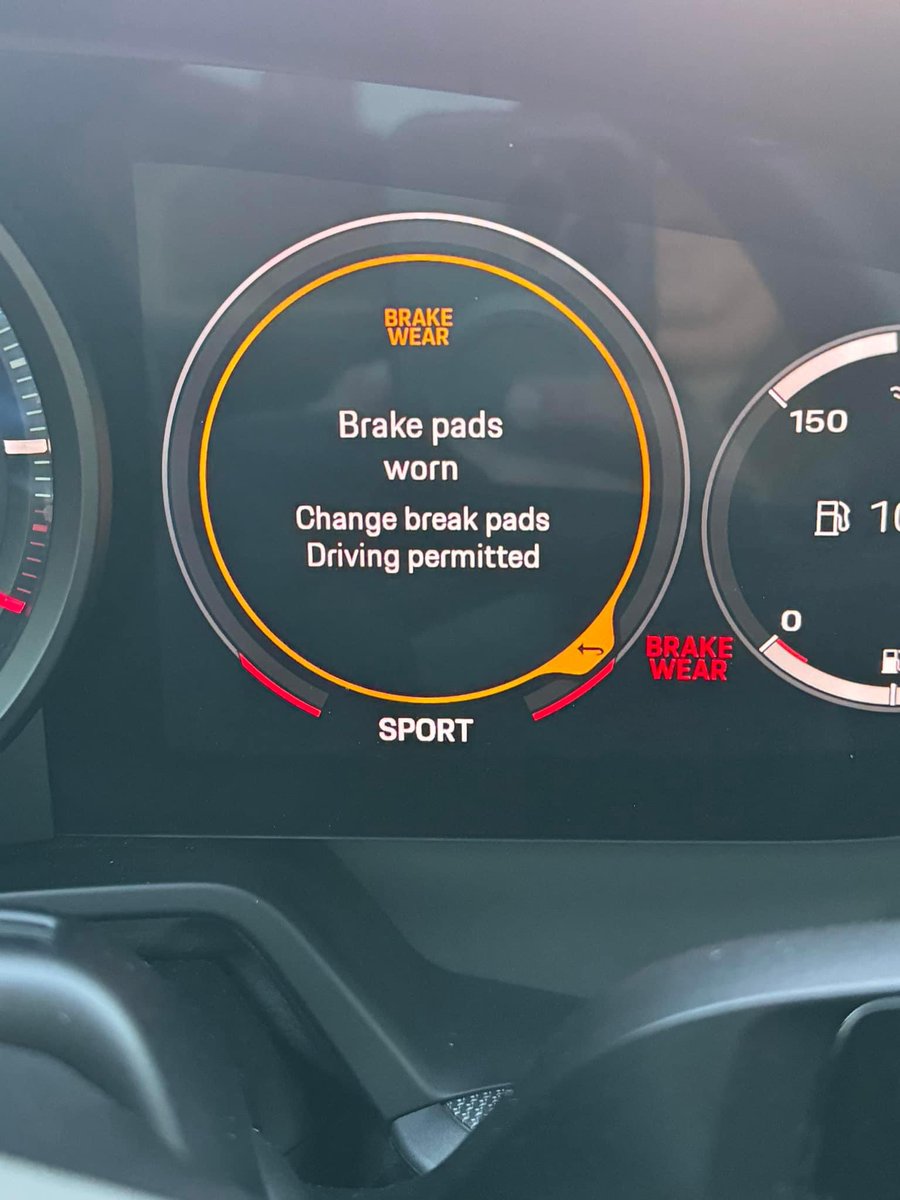 SpeedSportLife's tweet photo. Guy on our PCA fb group asked for replacement brake pad suggestions after he ran an HPDE and got this warning in his 911…but look closely 🤨 https://t.co/NoKfy7zAIu
