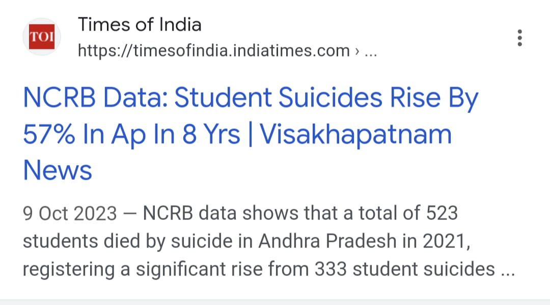 satyakumar_y's tweet photo. Meanwhile #AndhraPradesh under Jagan in 2023 compared to 2022:

- GSDP growth declines from 11.23% to 7.02%
- ⁠Agriculture & allied growth fell from 9.24 % to 4.54%
- ⁠industrial & services growth rate down from 10.59% to 5.66% 

And alas! 
- ⁠Student suicides raise by 57%.

Suicide rates increasing multiple folds, growth is declining & every sector is in shambles - The perfect gift of @ysjagan to our state!