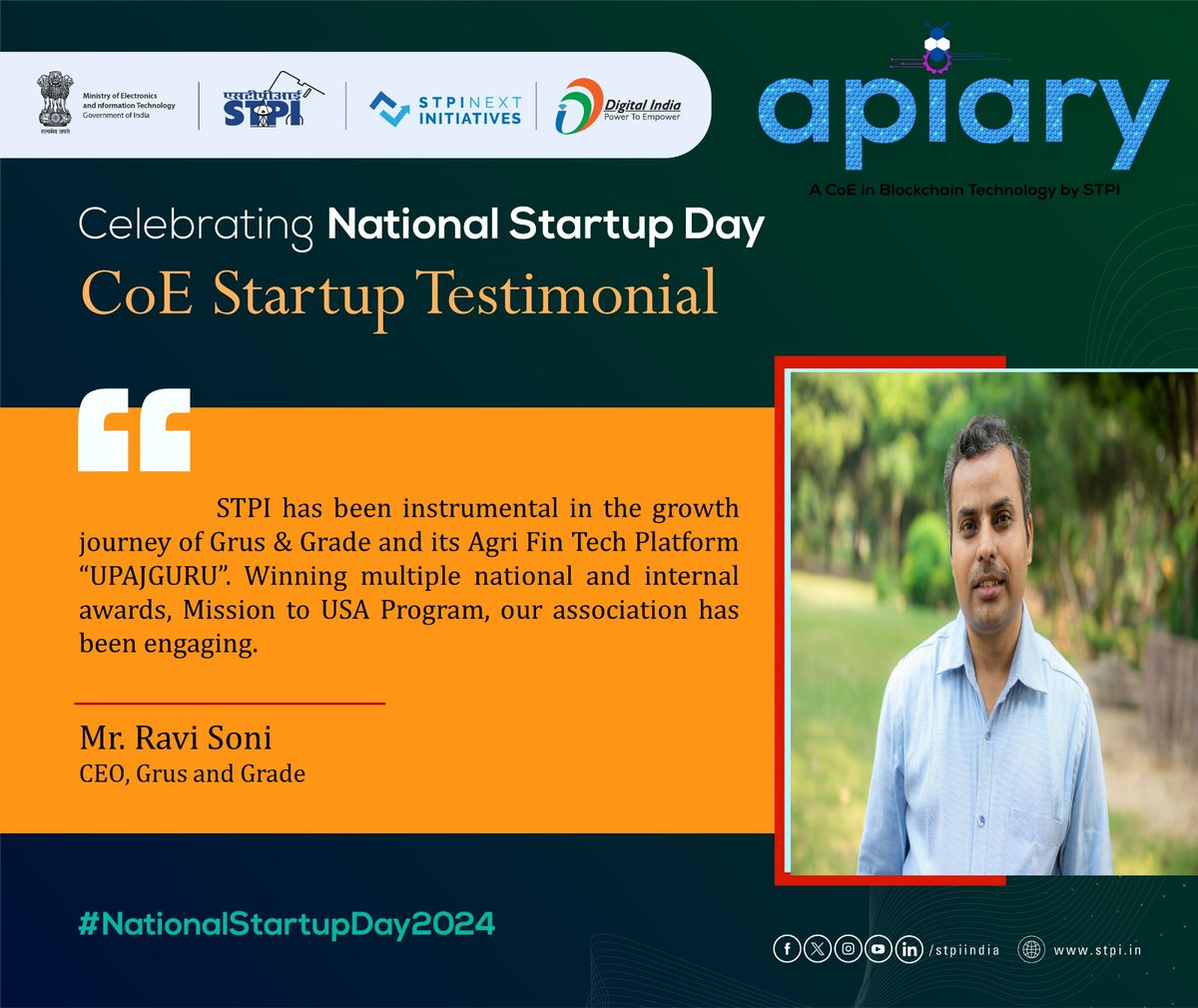 STPI_CoE_Apiary's tweet photo. Celebrating innovation on National Startup Day! #NationalStartupDay2024 #TheNextWave #STPIStartupEcosystem
@_DigitalIndia @GoI_MeitY @MSH_MeitY @startupindia
@Rajeev_GoI @arvindtw @DeveshTyagii @s_subodh @GurugramStpi @purnmoon @GradeGrus https://t.co/dGaCfiGh2V