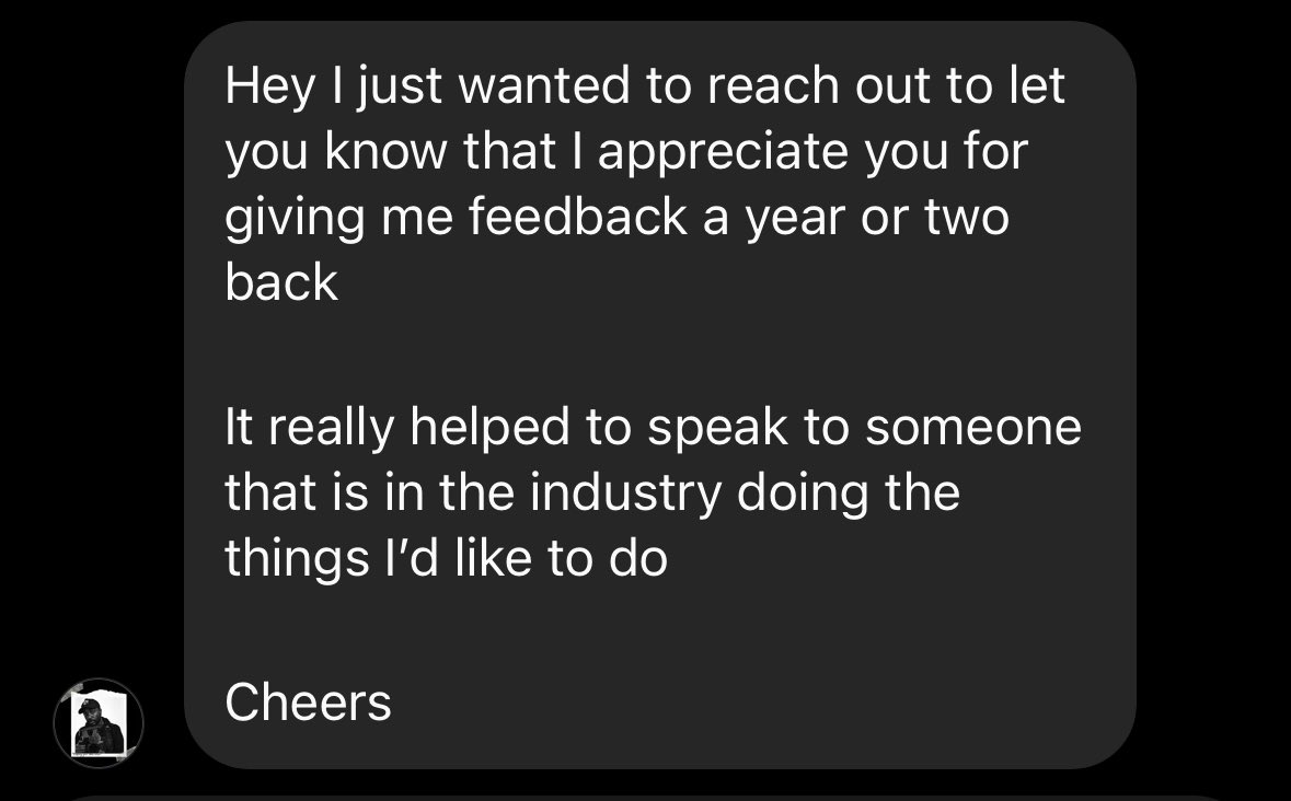shotsbylars's tweet photo. Messages like this are so fulfilling to me. I welcome being asked for advice because there is no better feeling than being able to share feedback, knowledge, or advice with someone putting themselves out there. https://t.co/bWzcyS1HsN