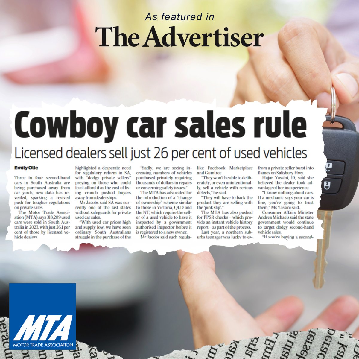 Dodgy private vehicle sellers are preying on those who can least afford it.

The MTA is calling for SA to step into line with the rest of the country and implement a change of ownership inspection scheme for privately sold vehicles.    

Read more 👉 bit.ly/3SjD54d