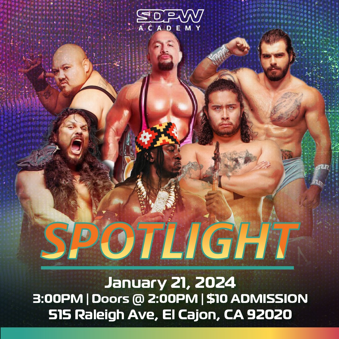 sdprowrestling's tweet photo. 🚨 SUNDAY 🚨

There is a ton of action in store for Spotlight this upcoming Sunday, January 21st.
We hope to see you there!
#SDPWA #Spotlight
#prowrestling #sandiego

🎨 @howellns1 https://t.co/XQZ0WWmrYy