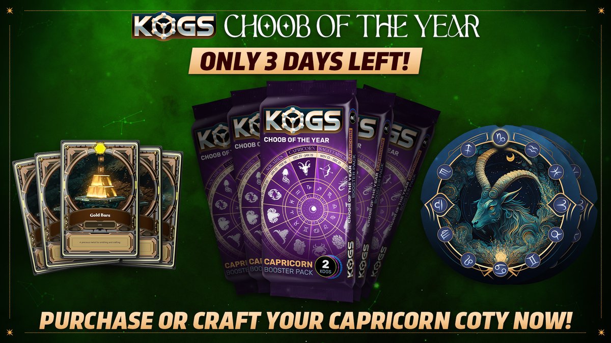 KOGS_GG's tweet image. 🚨 3 DAYS LEFT! 🚨 Don't miss out on our exclusive sale and crafting period for the Capricorn COTY KOGs packs - your chance to own a piece of the Capricorn COTY collection! ⏳✨ 
📌 Start Crafting: go.rfox.com/3O3rLGK
📌 Secure Yours:go.rfox.com/48wlawX
#KOGs #NFT #COTY