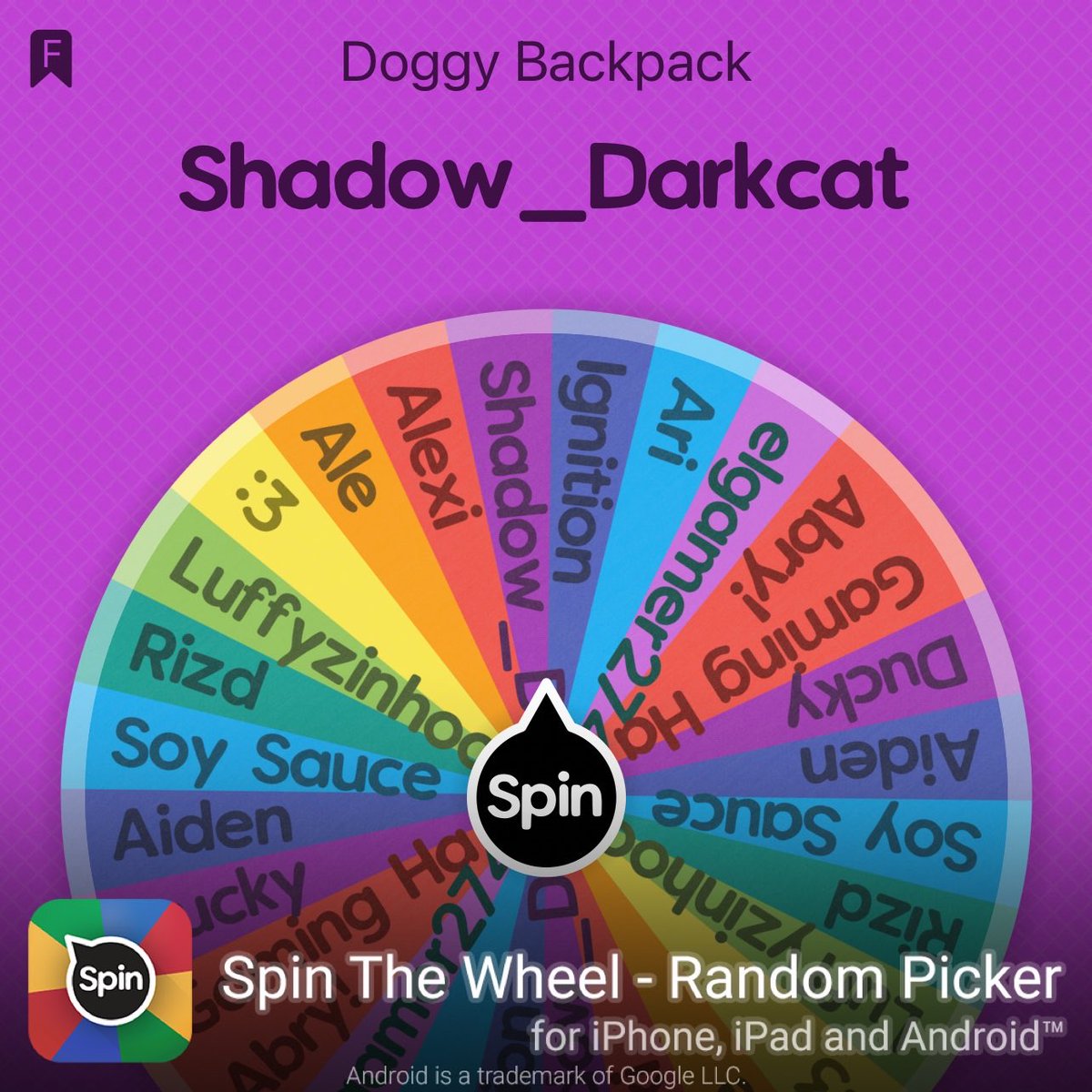 I rolled Shadow_Darkcat in Doggy Backpack! #SpinTheWheelApp #spinthewheel 👉 Winner ⁦@xShadow_Darkcat⁩  dm me in 2hrs time or re roll/spin‼️