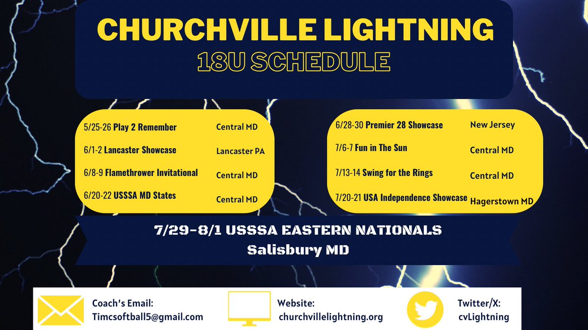 CvLightning's tweet photo. Hot of the press… the 2024 Churchville Lightning 18u spring/summer schedule! 🗞️😎 https://t.co/DvR3bDnYus