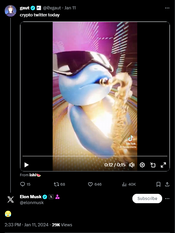 Hey <a href="/elonmusk/">Elon Musk</a>!  <a href="/elonmusk/">Elon Musk</a> knows and understands the $SAX movement; he loves the Squirtle Saxophone - as said by the meme KING, himself -  'Who controls the memes, controls the universe'.  🎷🧠