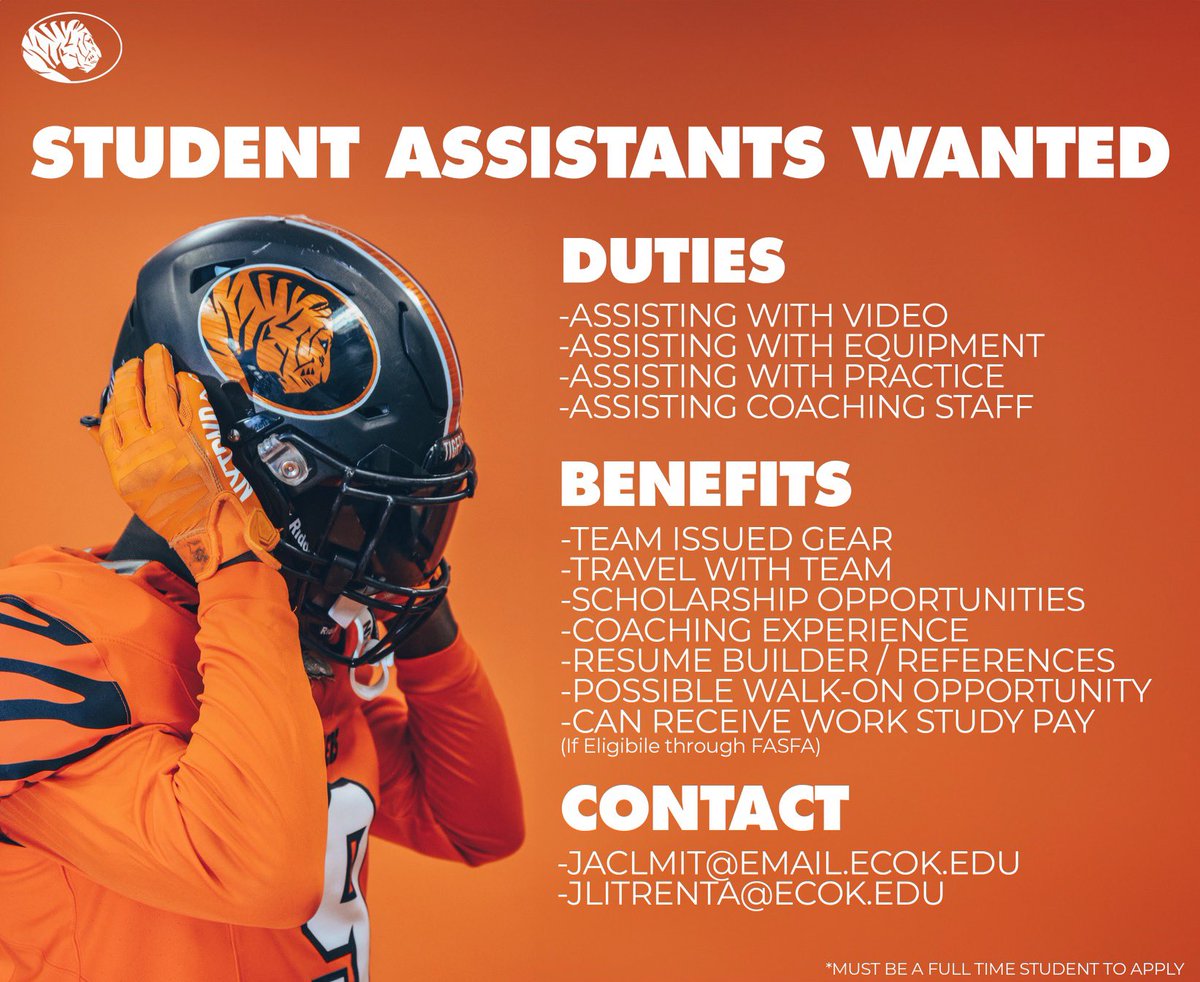 STUDENT ASSISTANTS WANTED

Great opportunity for Students wanting to get into Coaching! If interested, please send email / resume to:

jaclmit@email.ecok.edu

jlitrenta@ecok.edu