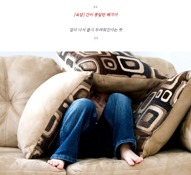 hhjin30's tweet photo. [속담] 간이 콩알만 해지다

[속담] 간이 콩알만 해지다
겁이 나서 몹시 두려워진다는 뜻

​[출처] 건강을 지키는 생활백서
https://t.co/wBPWPHXw5A
#속담 #속담모음 #일상 #마음챙김 #간 #콩알 #두려움 https://t.co/C1P8AkaUbF