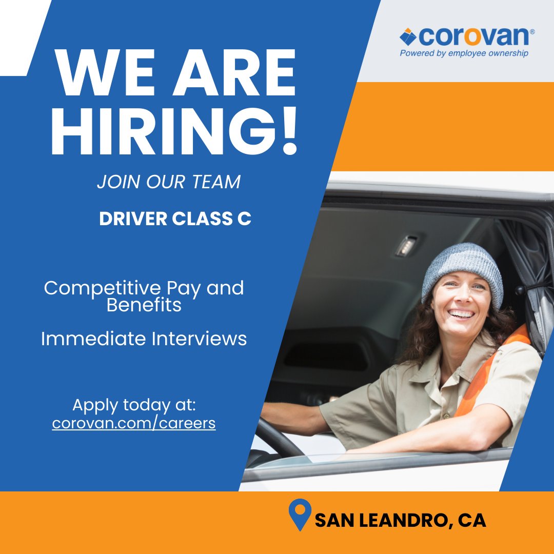 CorovanMoves's tweet image. Looking for a job with lots of variety and plenty of room for growth? Join our San Leandro team as a driver! Call Karla Amador at (415) 934-1600 or apply online. #corovan #corovancareers #joincorovan ow.ly/bpK650Qqz8U