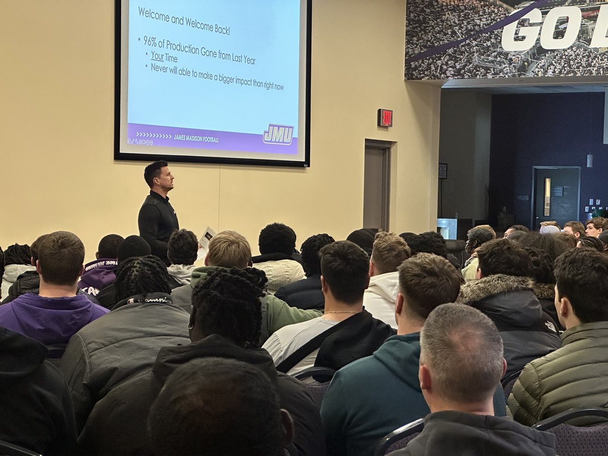 JMUFootball's tweet photo. The boys are back.

First team meeting for the 2024 Dukes!

#GoDukes https://t.co/GdaLQO0jKG