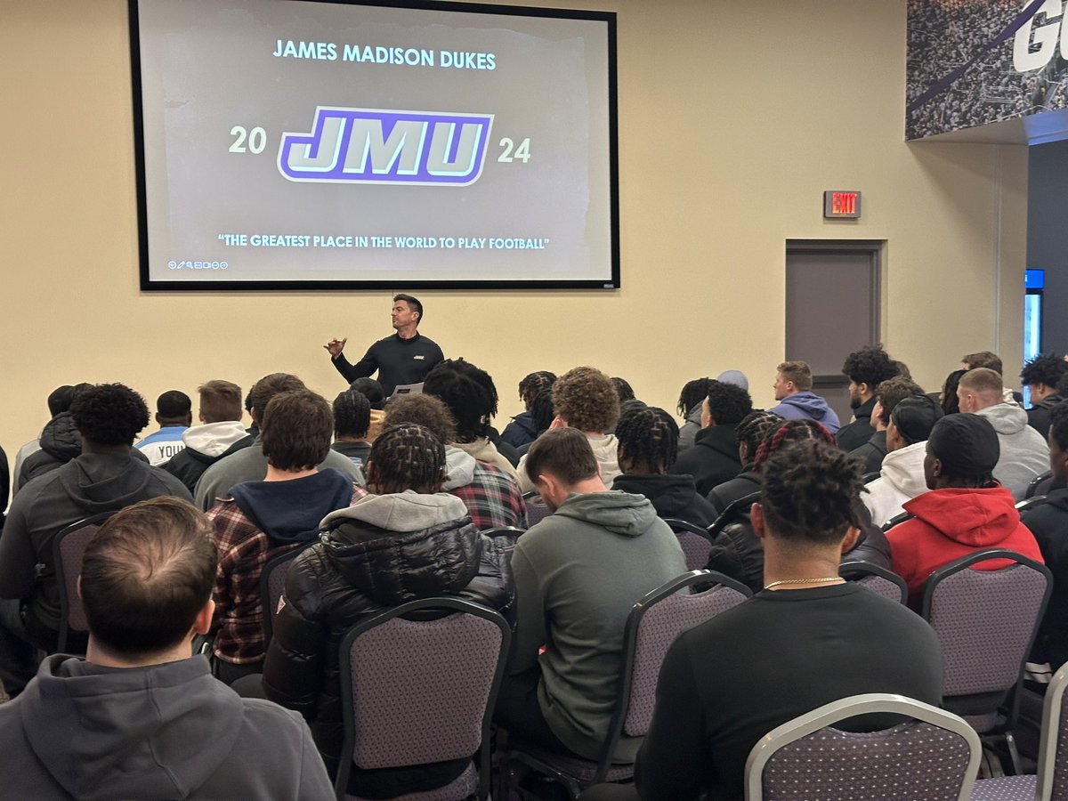 JMUFootball's tweet photo. The boys are back.

First team meeting for the 2024 Dukes!

#GoDukes https://t.co/GdaLQO0jKG
