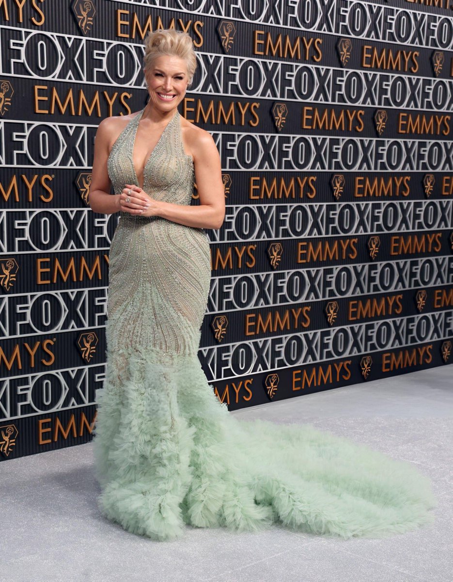 Hannah Waddingham at the #Emmys wearing a magnificent green custom Marchesa  gown, designed to match the colour of her eyes.