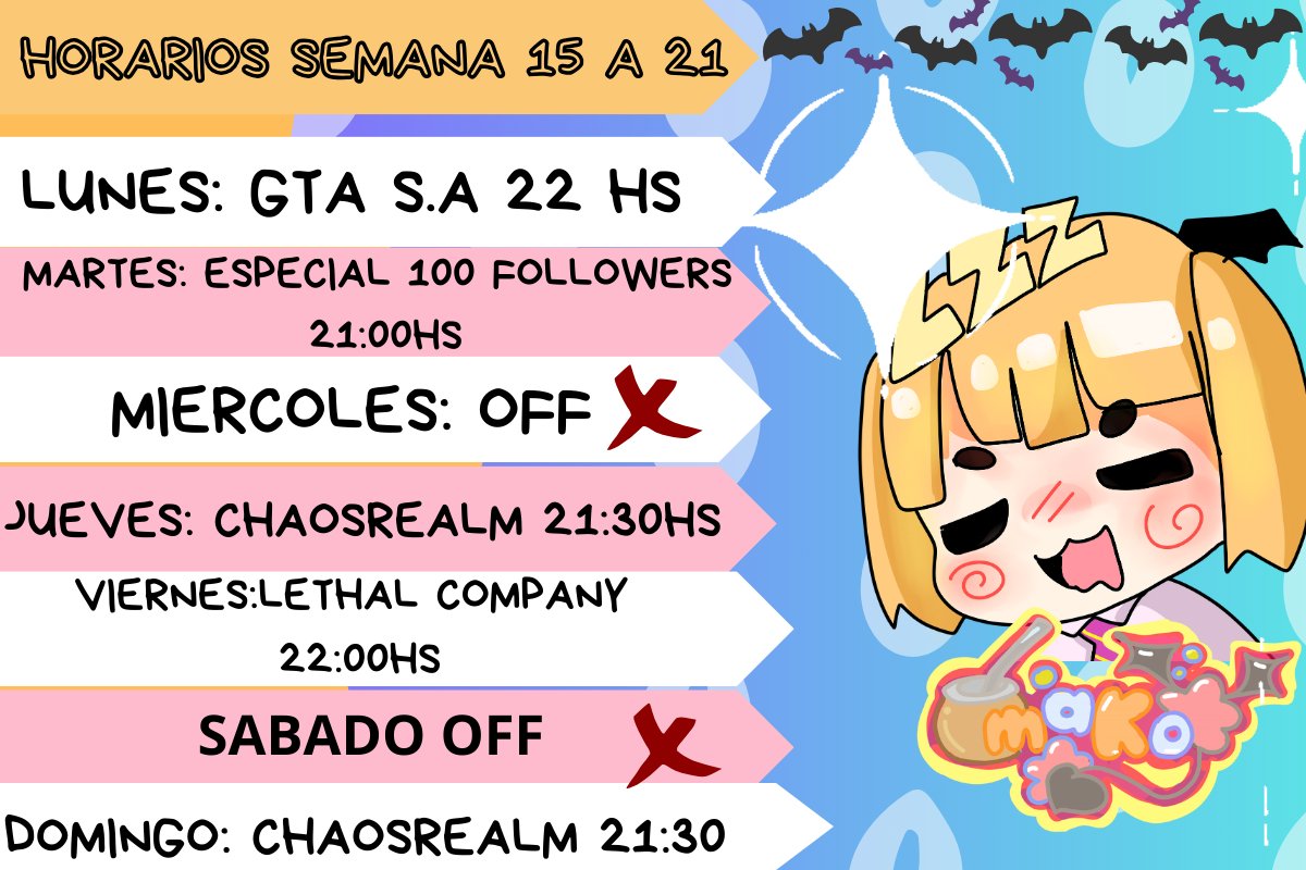 MakochanVtuber's tweet photo. ¡HORARIOS DE ESTA SEMANA!
#vtuber #vtuberlatam #vtuberargentina #vtuber #twitch #streamear https://t.co/TOiOb48AoQ