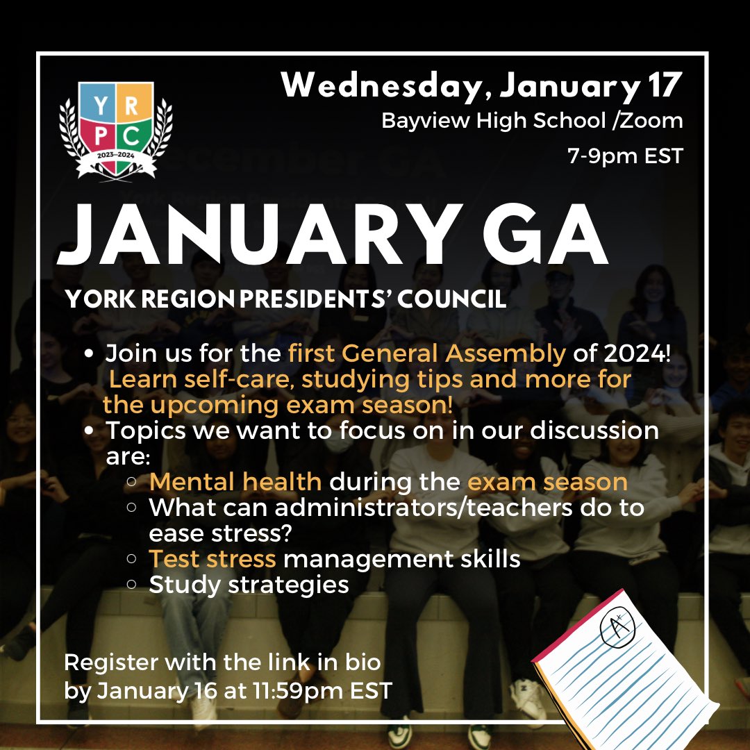 At our January GA, we are focusing on self-care, study tips, and mental health during the exam season! This event will be taking place on Wed, Jan 17th from 7pm-9pm at Bayview High School. There will also be a virtual option via zoom to attend! Sign up at bit.ly/januaryga24