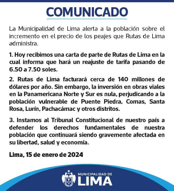 🔴 #Comunicado | La Municipalidad Metropolitana de Lima pone en conocimiento de la opinión pública lo siguiente: