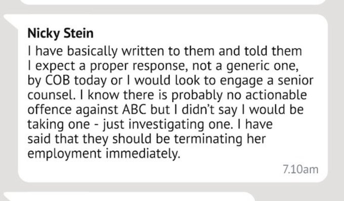 Dear <a href="/NSWBar/">NSW Bar Association</a> - curious to understand whether Nicky Stein passes your fit and proper criteria to practice law in New South Wales. Making acknowledged threats of legal action should surely fail him on character grounds.