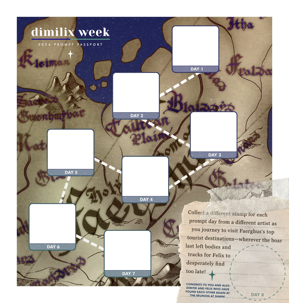 dimilixweek's tweet image. Journey with us and also Felix to desperately track down Dimitri with a Dimilix Week passport! Collect stamps from different artists for each prompt day like you're sneaking past Imperial checkpoints only to miss the boar once more!

Featuring sneak peek stamp art by @baoxie_ 💙