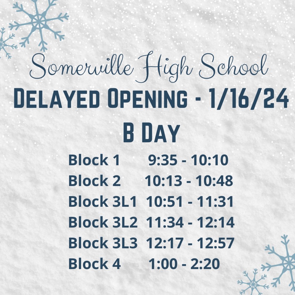 Please be advised that SHS will operate on a delayed opening schedule, Tuesday, January 16th. If there are any further updates, we will post them here.