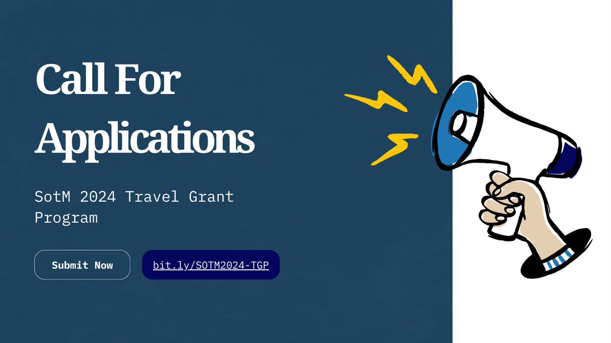 Have you heard? 📢👂👀

The #SotM2024 Travel Grant Program Call for Application is now open!  

Deadline is in about 2weeks (31 January 2024 at 23:59 UTC) so apply now!

More details + how to apply: blog.openstreetmap.org/2024/01/10/cal…

#stateofthemap #sotm #stateofthemap2024 #openstreetmap