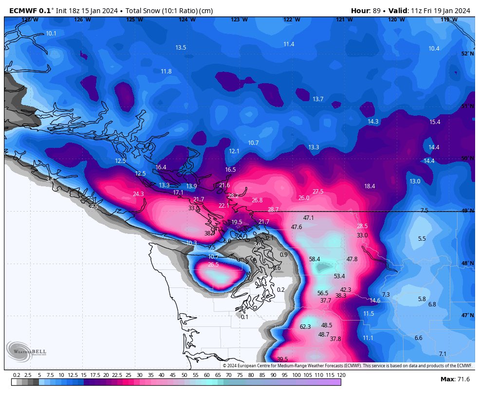 Euro coming in with widespread 20-30cm of snow across metro Vancouver and Vancouver island. Amounts will change but be prepared for significant snow event as we go through Wednesday. #snow #cold #snowstorm #winterstorm #snowmaggedon #vancouversnow #bcwx #ilovesnow