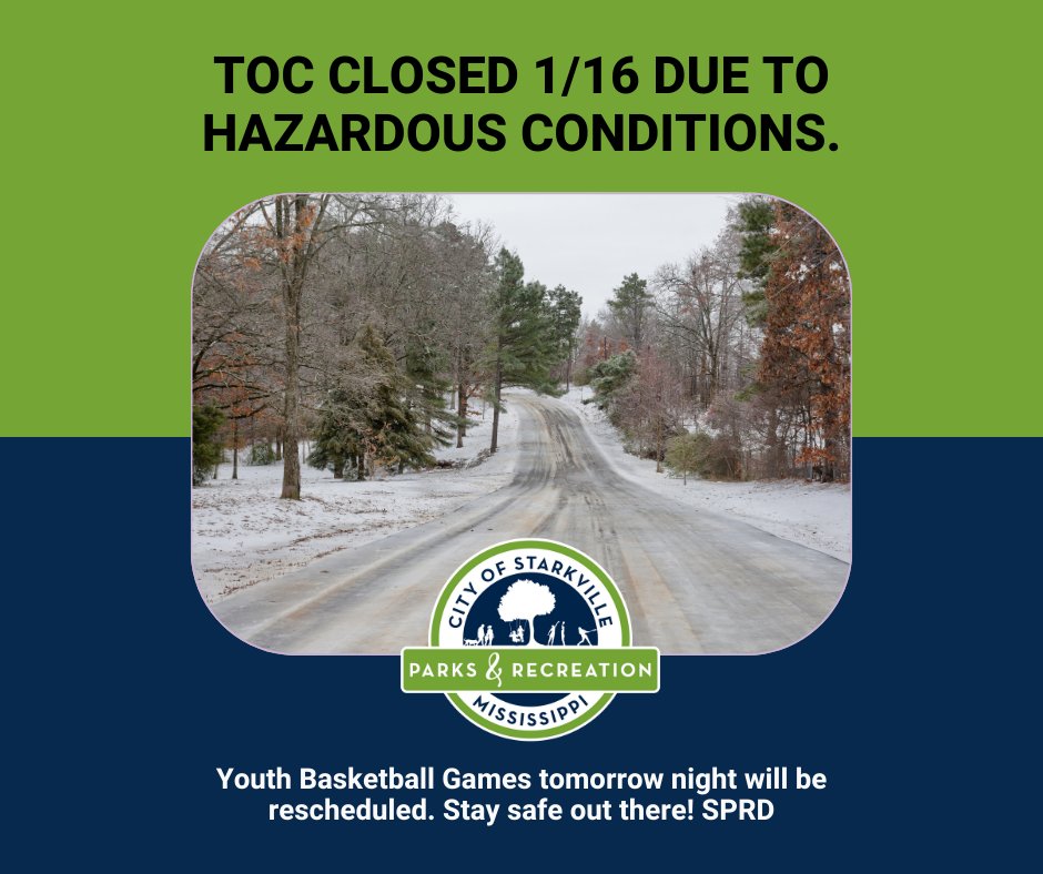 Good Evening Patrons,

The Travis Outlaw Center will be closed tomorrow, January 16th, due to hazardous road conditions.

Tomorrow's Youth Basketball Games will be rescheduled. Stay safe out there. Updates for opening will be provided here.

Thank you,
SPRD