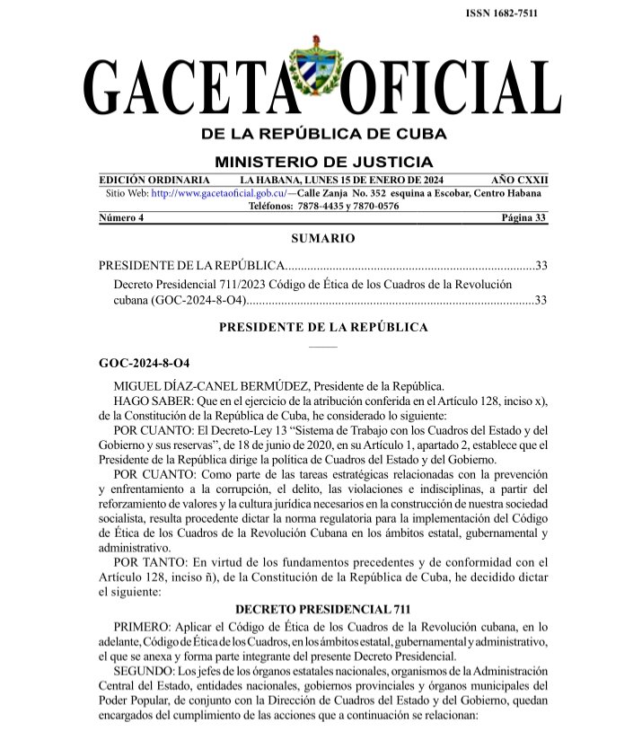 AsambleaCuba's tweet photo. Publica Gaceta Oficial de la República Decreto Presidencial 711 de 2023, del Presidente de la República de #Cuba🇨🇺, @DiazCanelB

✅Aplica el Código de Ética de los Cuadros de la Revolución cubana, en los ámbitos estatal, gubernamental y administrativo

✅https://t.co/sNQ2fNgzMY https://t.co/ew5b8X0LZB