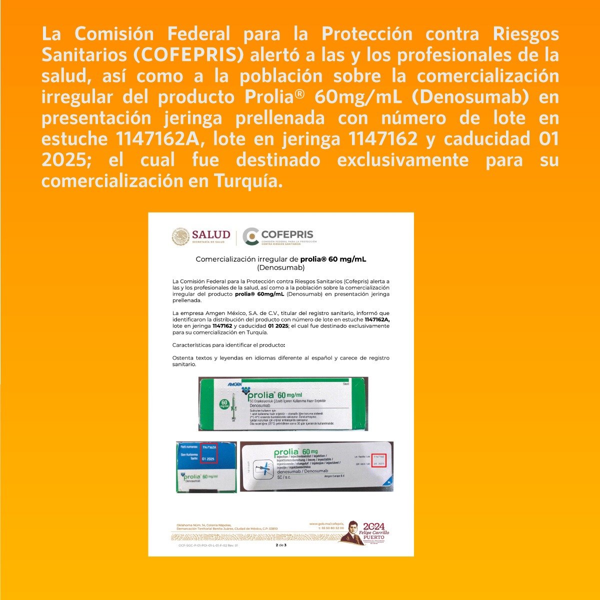 infodemiaMex's tweet photo. 🚨#Alerta
🚨#Cuidado
La @COFEPRIS alertó sobre la comercialización irregular del producto #Prolia® 60mg/mL en presentación jeringa prellenada; el cual fue destinado exclusivamente para su comercialización en #Turquía
➡️https://t.co/sUu74dSGt0 https://t.co/vfa6WeYpdR