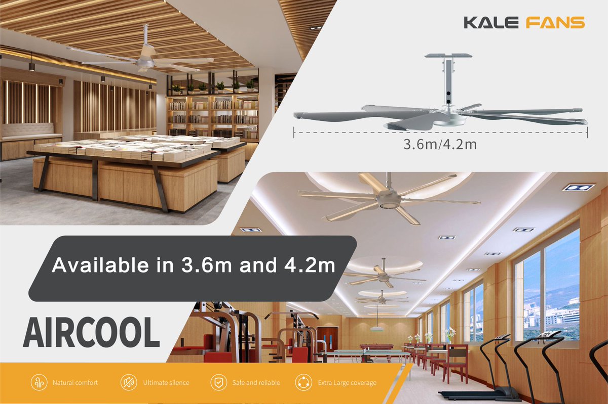 Aircool commercial hvls fan now available in two new sizes, 3.6m and 4.2m！😍😍😍
Connect with us today to learn more about #HVLS fans!

Email: jasonliao@kalefans.com
WhatsApp: +86 18019405010

#CeilingFan #AIRCOOLSeries #Innovation #KaleFans #HVLSFANS