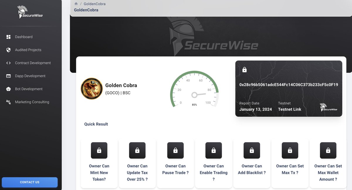 SecureWise (@securewiseaudit) on Twitter photo We are happy to announce that <a href="/goldencobraio/">Golden Cobra</a> has completed Smart Contract AUDIT with SecureWise
Check out the report:
audits.securewise.org/GoldenCobra
Golden Cobra(GOCO)
goldencobra.io
#BSC #BSCNews #BSCGEMS #Audit We are happy to announce that <a href="/goldencobraio/">Golden Cobra</a> has completed Smart Contract AUDIT with SecureWise
Check out the report:
audits.securewise.org/GoldenCobra
Golden Cobra(GOCO)
goldencobra.io
#BSC #BSCNews #BSCGEMS #Audit