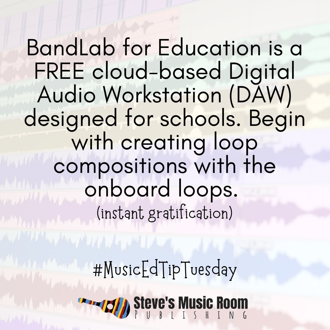 StevesMusicRoom's tweet photo. #musicedtiptuesday
BandLab for Education is a FREE cloud-based Digital Audio Workstation (DAW) designed for schools. Begin with creating loop compositions with the onboard loops.
(instant gratification)
#musiced #musiceducation #musicteaching #musicEdTech https://t.co/L9BiQtRyRj